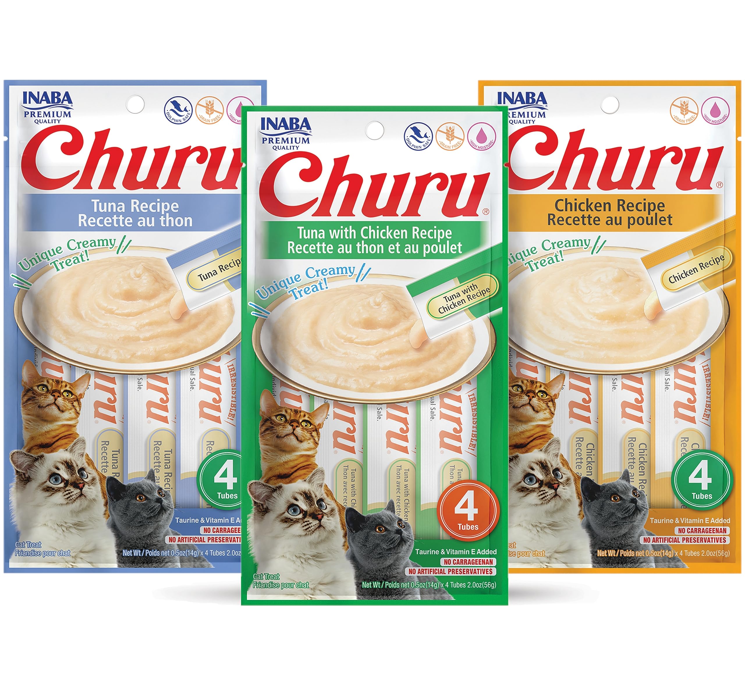 INABA Churu tuna-chicken tubes closeup highlighting moisture-rich hydration for cats