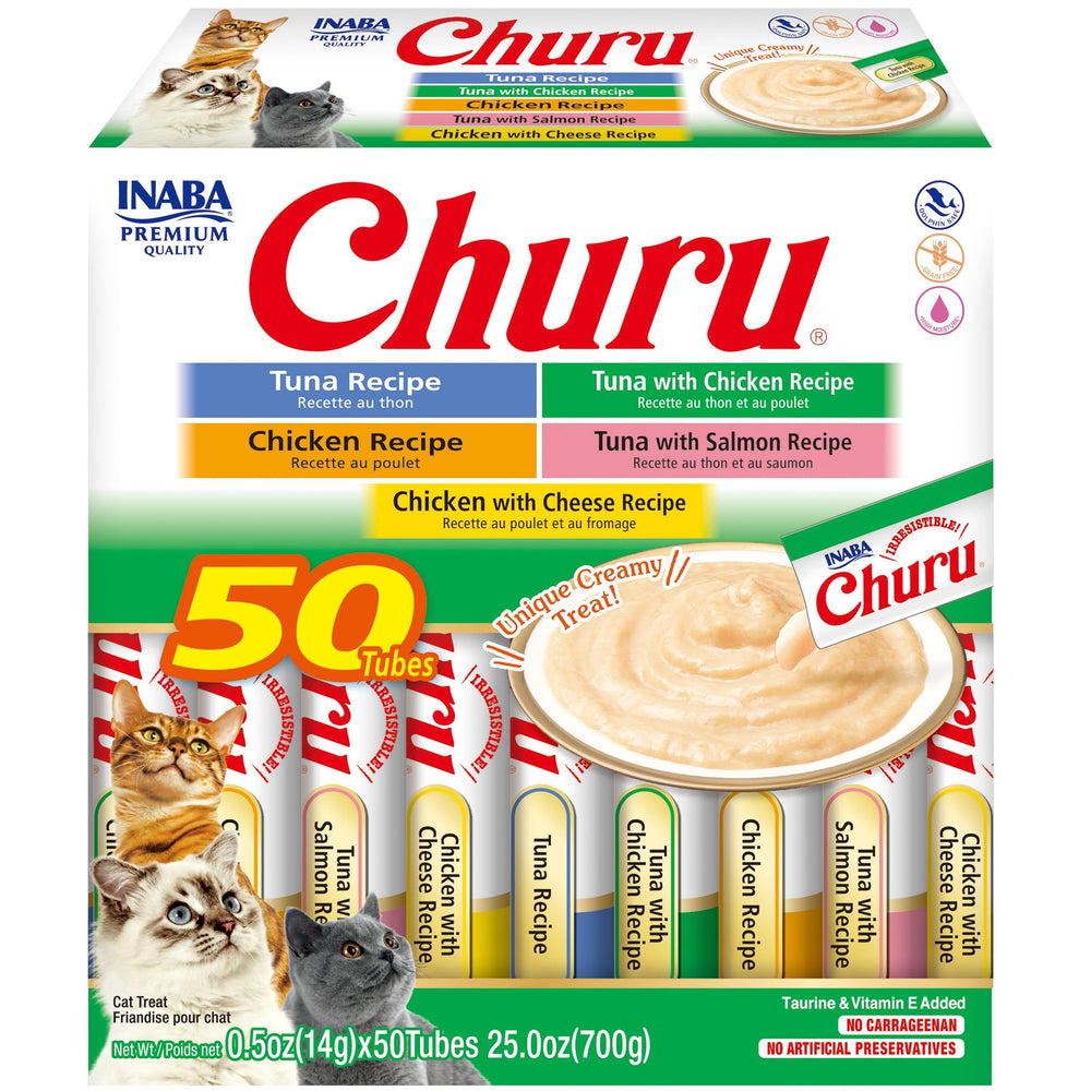 INABA Churu tuna-chicken variety pack shows hydration and flavor variety for cats