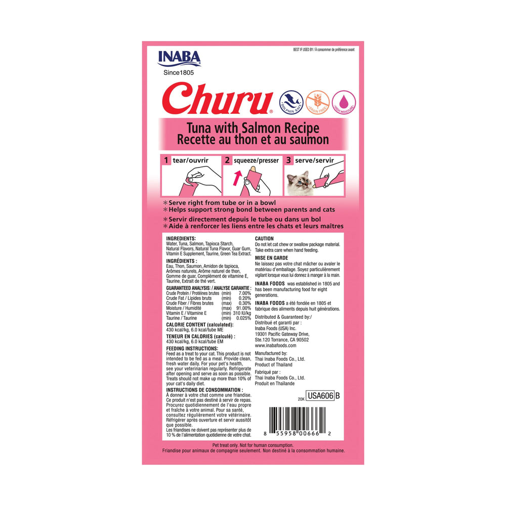 INABA Churu tuna-salmon cream closeup shows creamy lickable texture for interactive feeding.