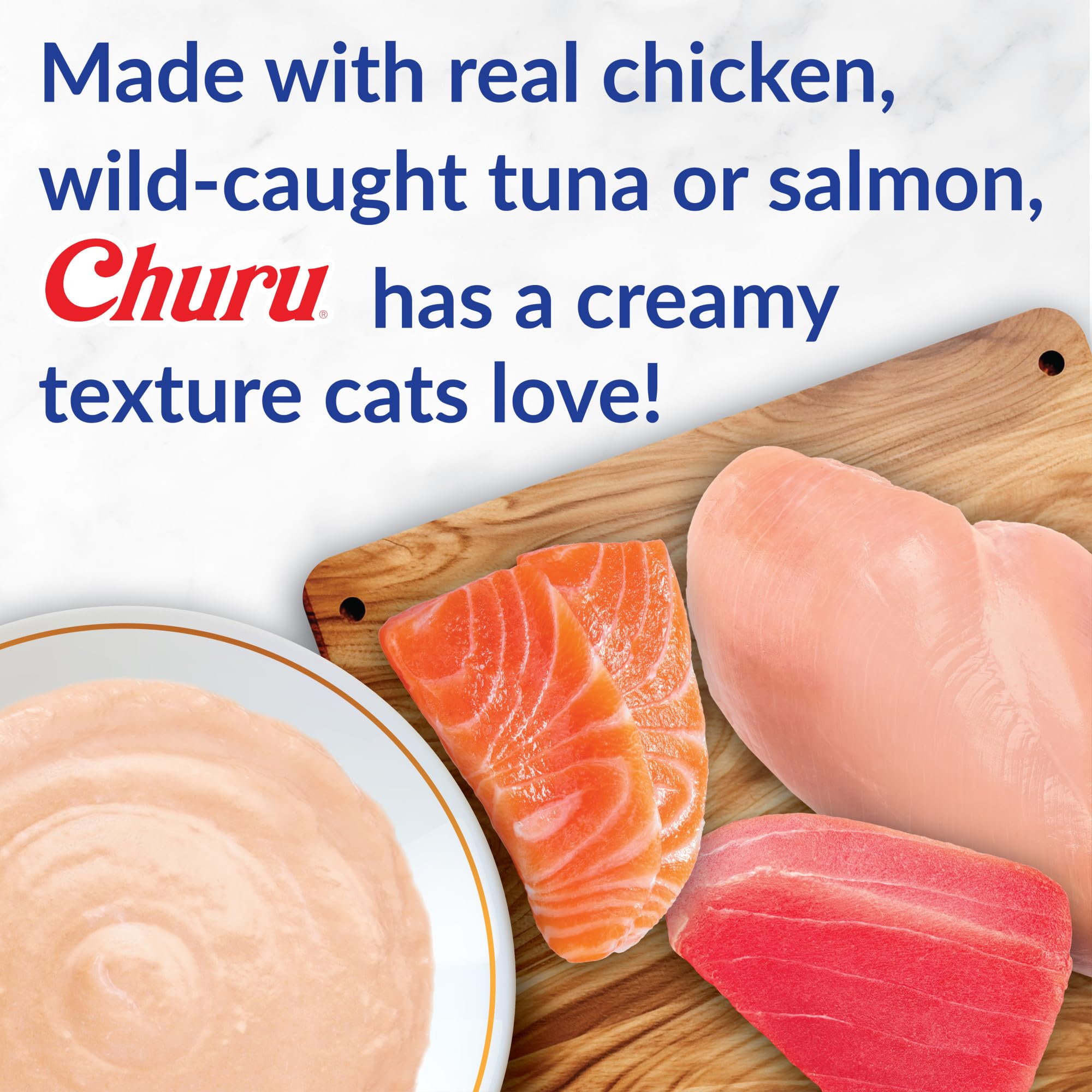 INABA Churu tuna-salmon hand-feeding scene highlights bonding-friendly snack.