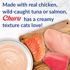 INABA Churu tuna-salmon hand-feeding scene highlights bonding-friendly snack.