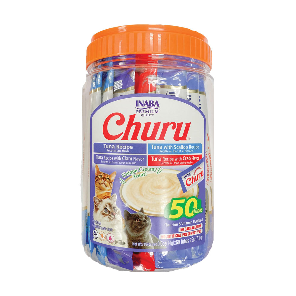 INABA Churu tuna tubes close-up showing creamy moisture for cats.