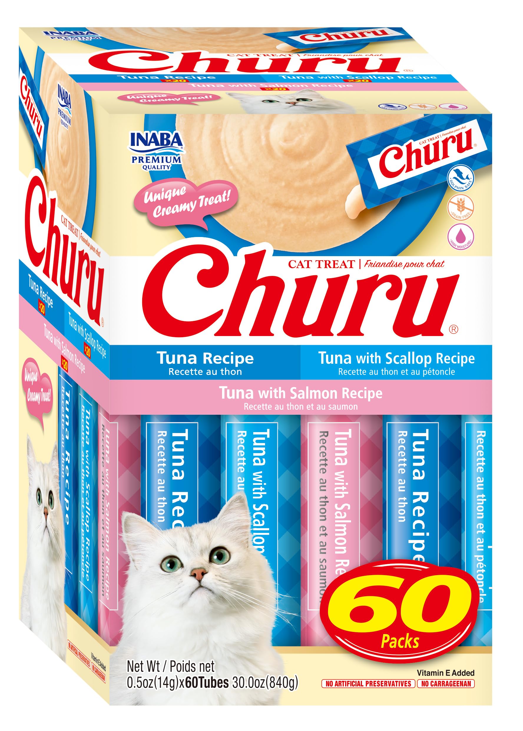 INABA Churu tuna variety box packaging showing convenient 60-serving tubes