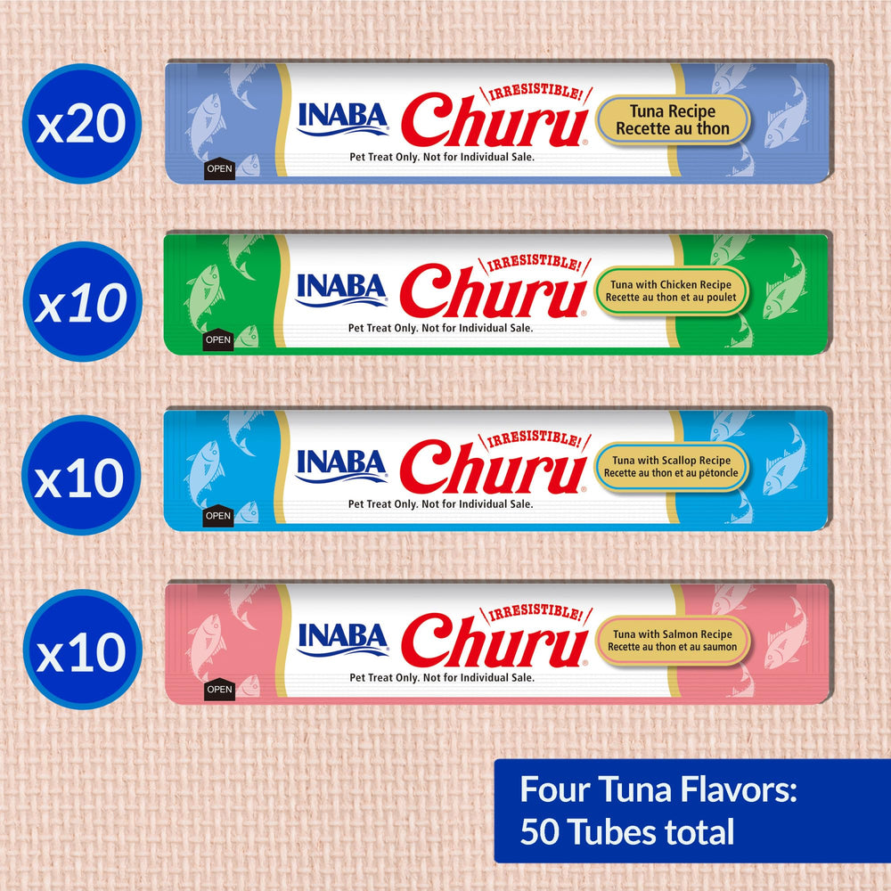 INABA Churu tuna-with-chicken-tube-topper stacks as a tasty topper for dry food.