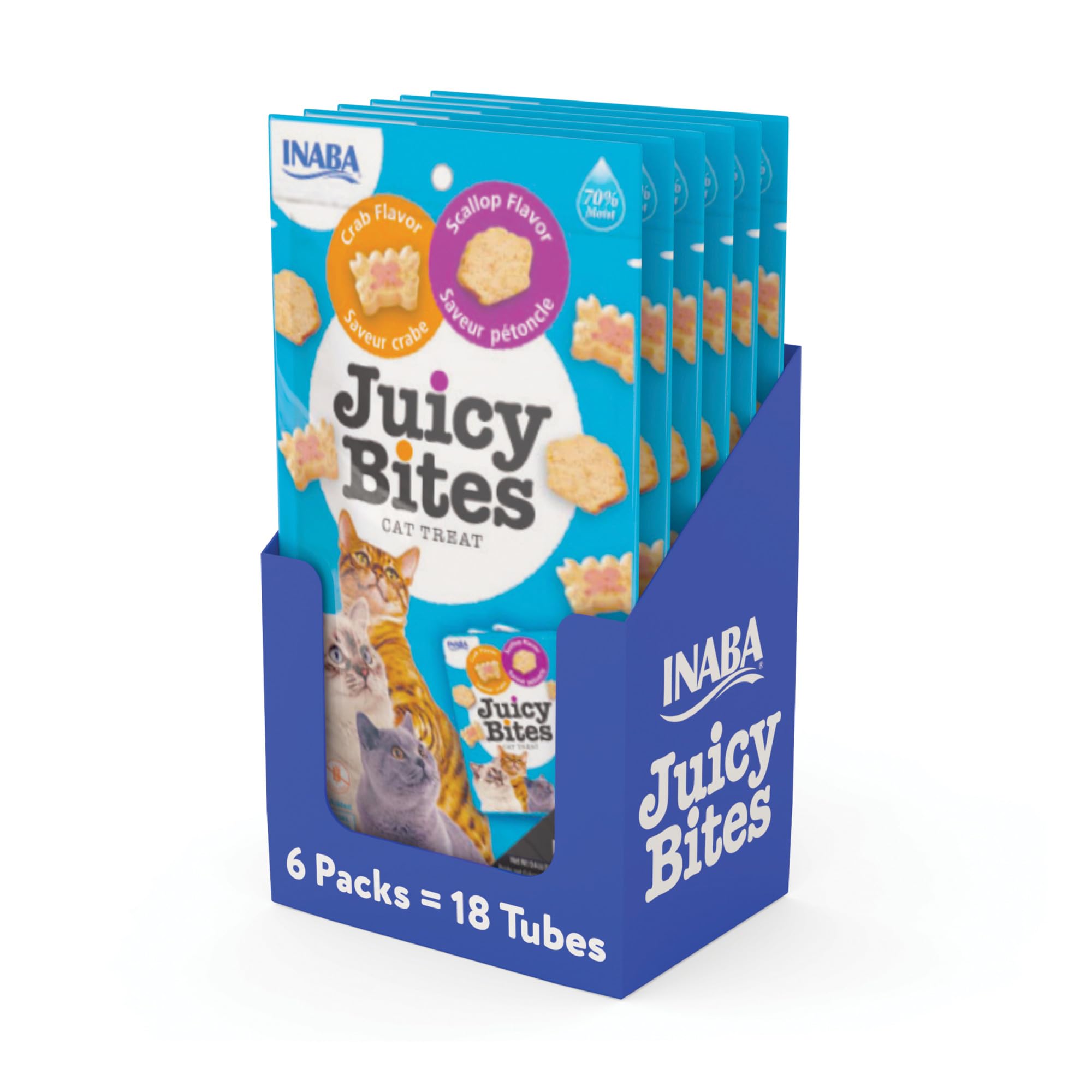 INABA Juicy Bites scallop and crab pack offers grain-free, high-moisture chews your cat may enjoy.