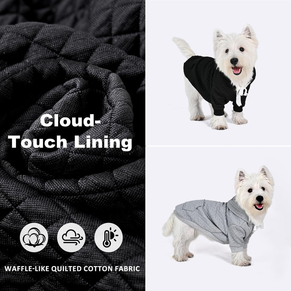 Inanil dog hoodie back view showing leash port for easy leash access.