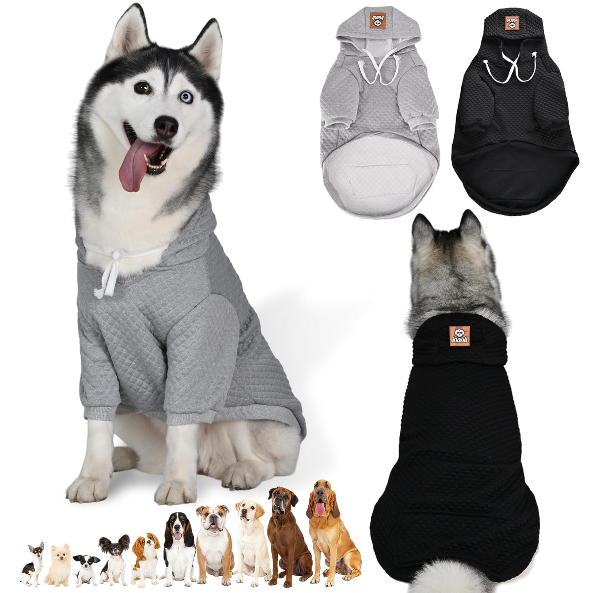 Inanil dog hoodie black front view showing cozy warmth and fit