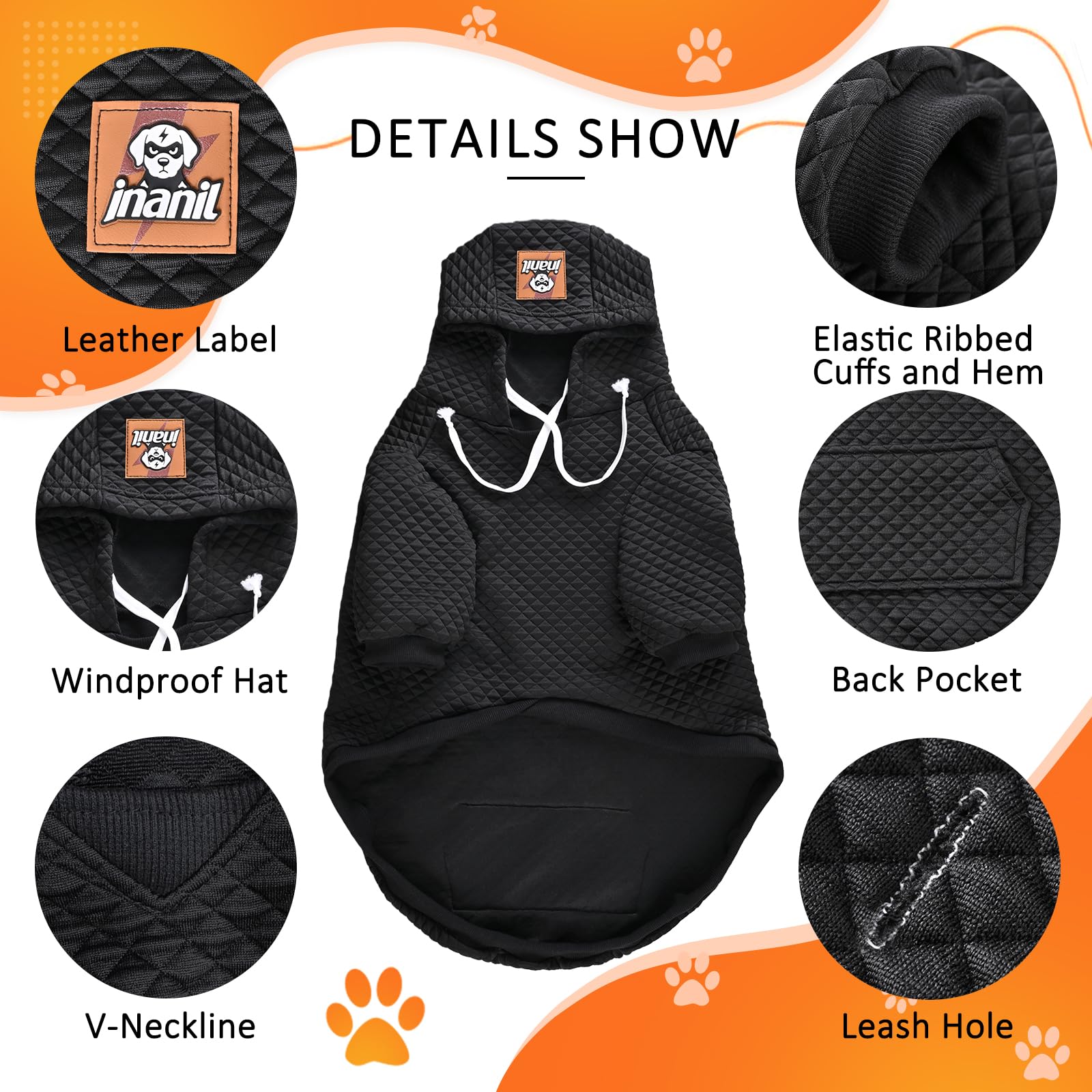 Inanil dog hoodie chest area featuring stretch neck for comfortable movement.