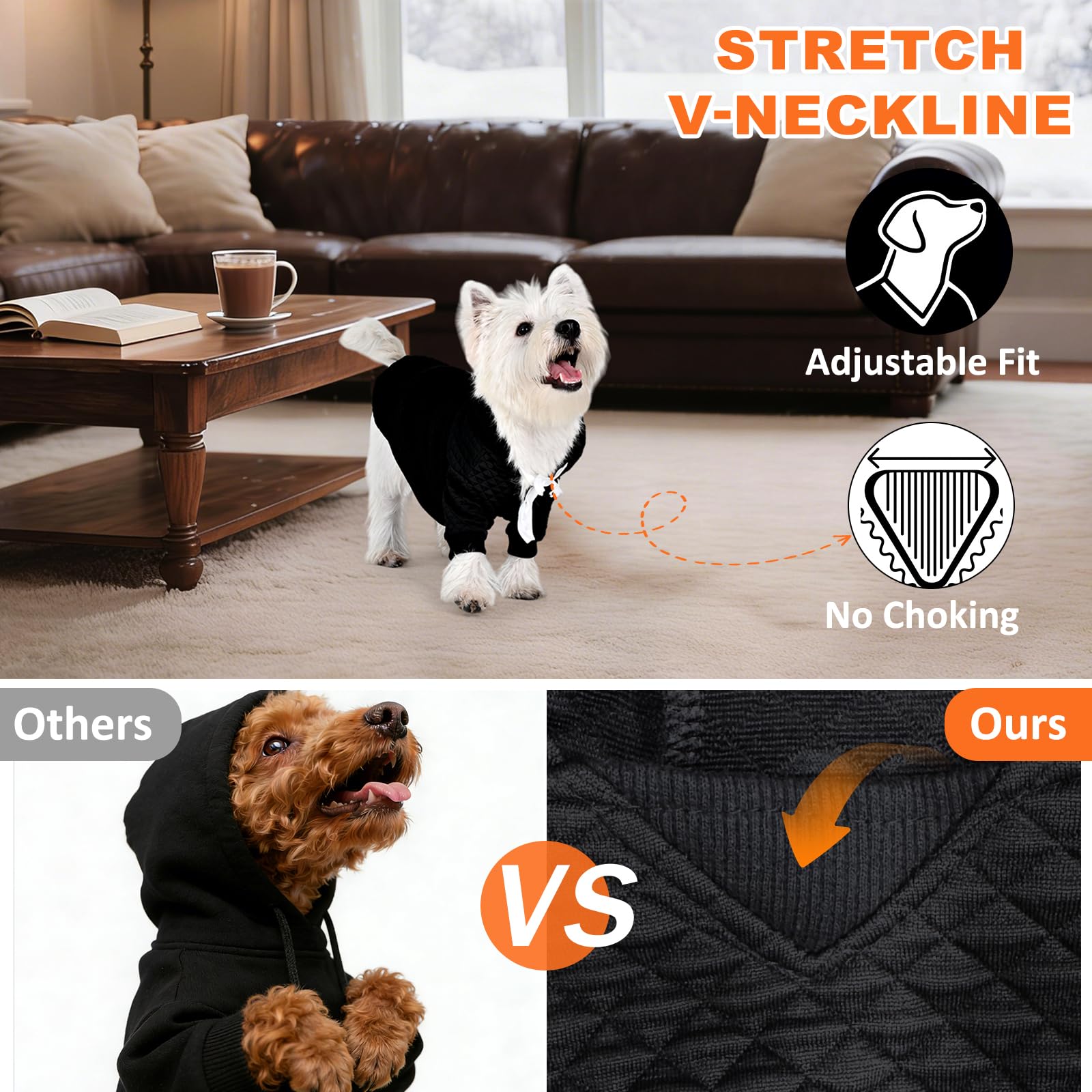 Inanil dog hoodie elastic cuffs and back hem ensure secure fit.