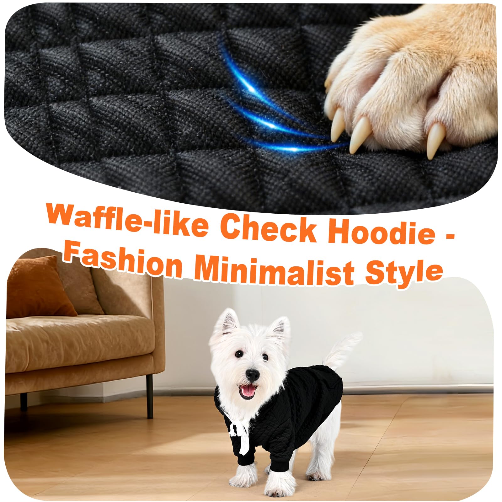 Inanil dog hoodie fabric close-up highlights machine-washable, durable material.