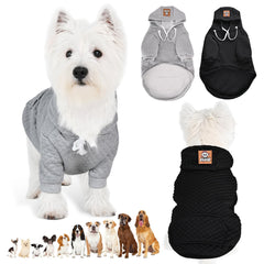 Inanil dog hoodie front view in black shows soft warmth for chilly walks.