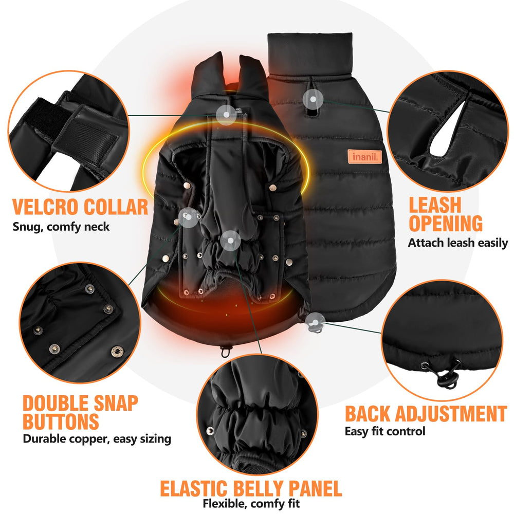 Inanil dog puffer jacket back-drawstring adjustable fit for secure comfort.