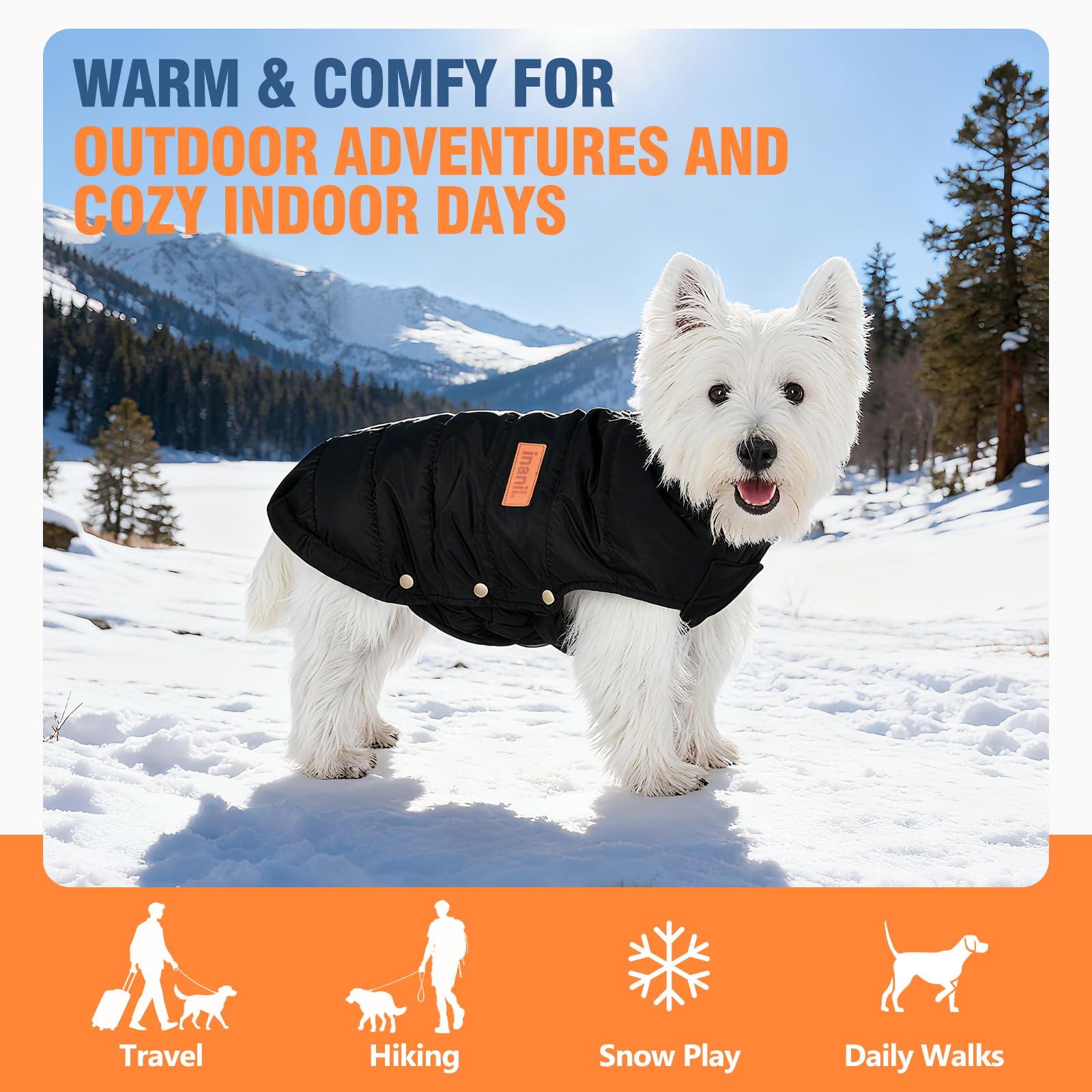 Inanil dog puffer jacket neck-closure blocks cold air during windy days.