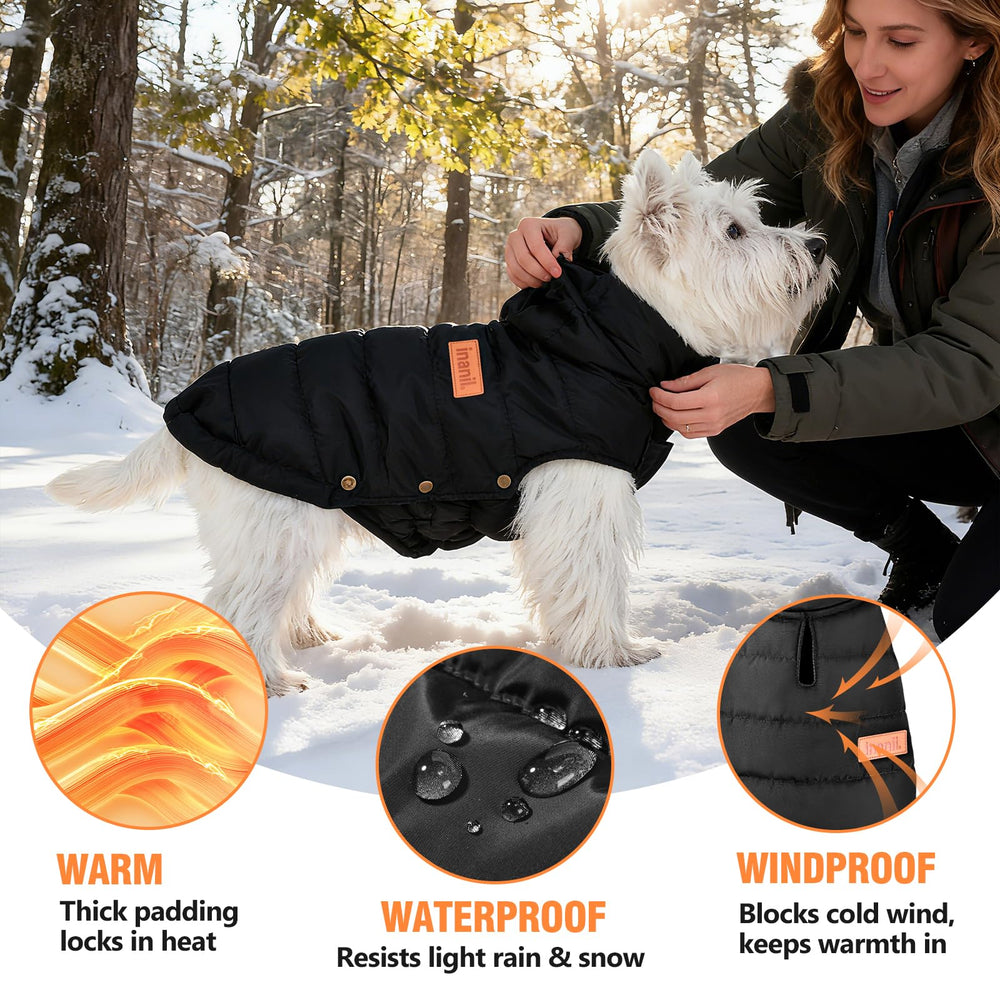 Inanil dog puffer jacket waterproof-fabric protects against light snow and drizzle.