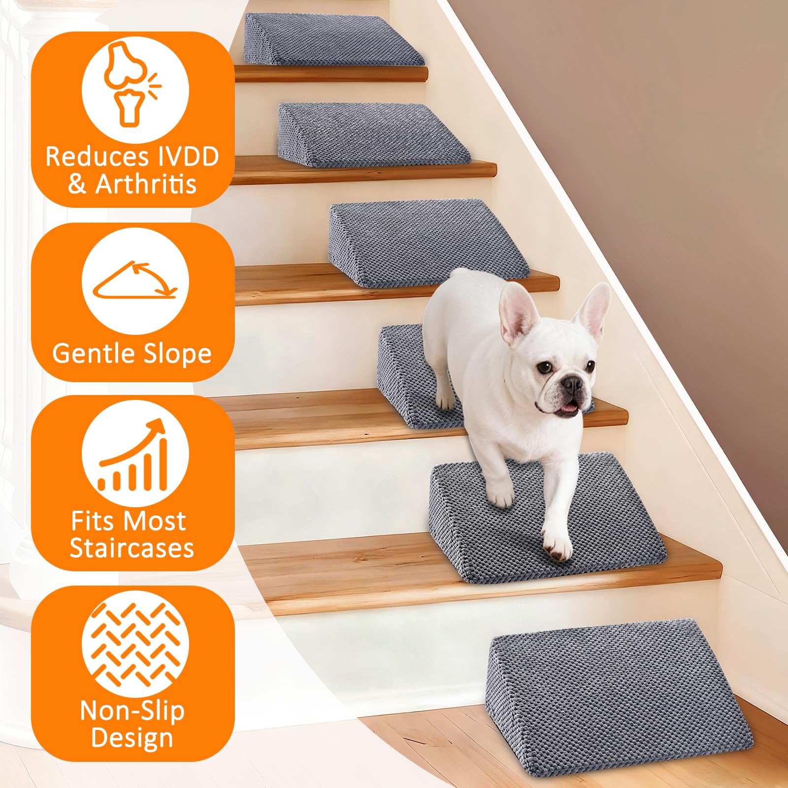 Inanil dog ramp installed on stairs shows secure, non-slip support for pets.