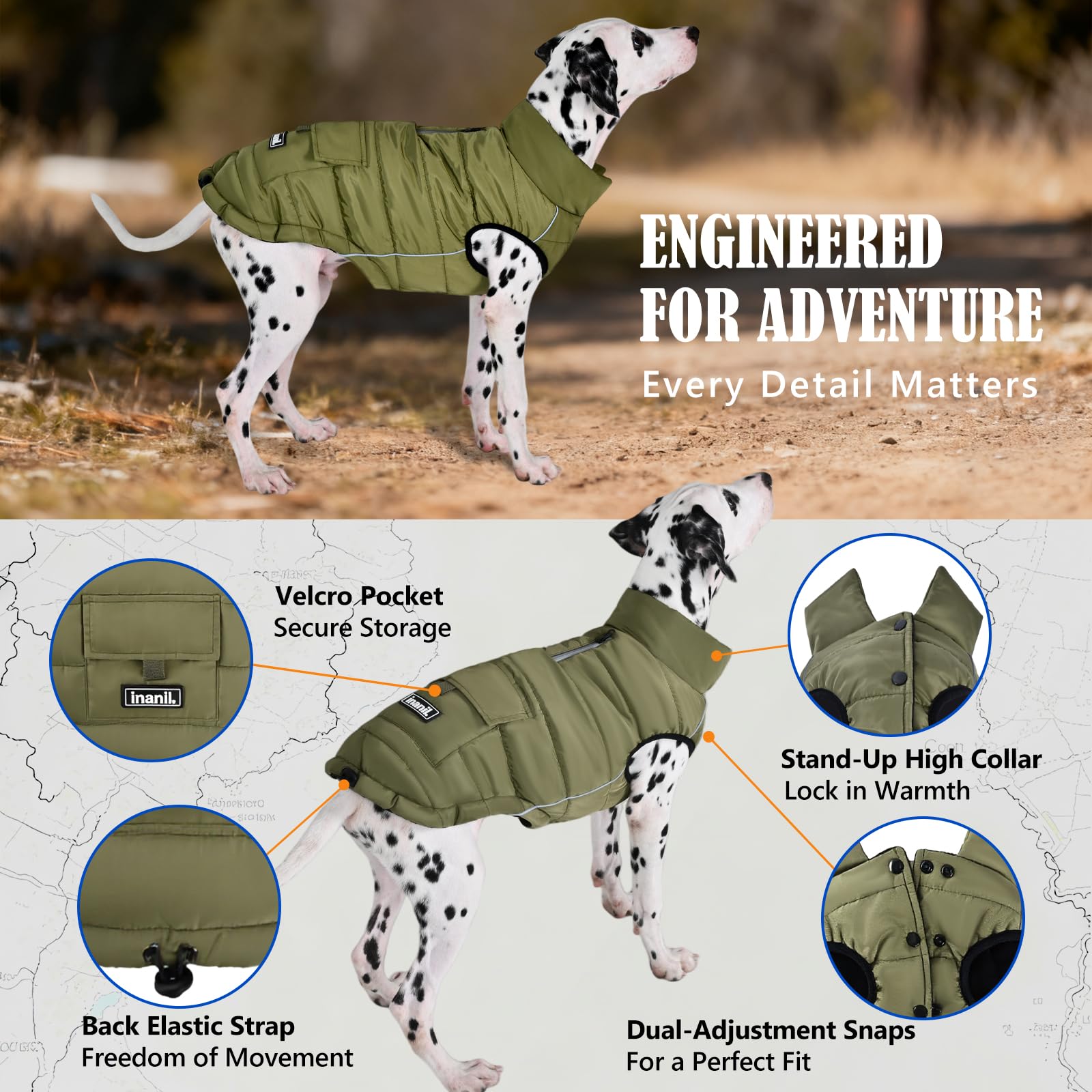 Inanil dog winter puffer jacket back view emphasizes reflective strips for safer nighttime strolls