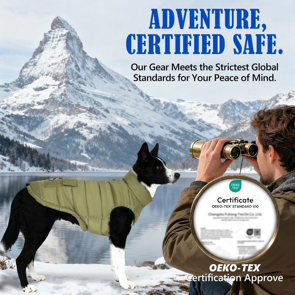 Inanil dog winter puffer olive adjustable-fit with safe snap closures