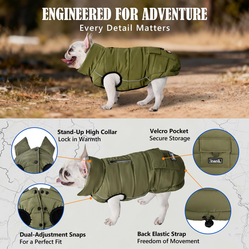 inanil dog winter puffer olive fleece-lining closeup emphasizes warmth and skin comfort.
