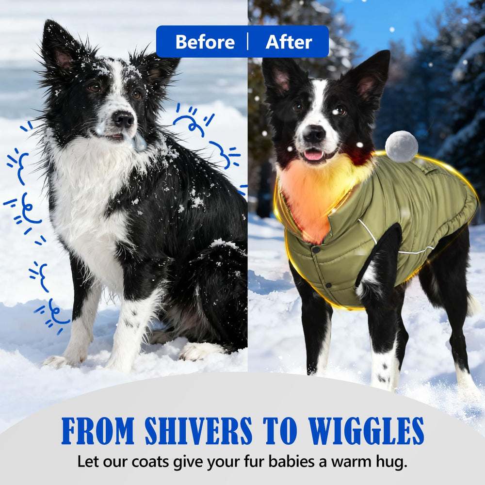 Inanil dog winter puffer olive fleece-lining for warm, cozy interior