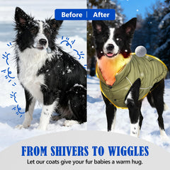 Inanil dog winter puffer olive fleece-lining for warm, cozy interior