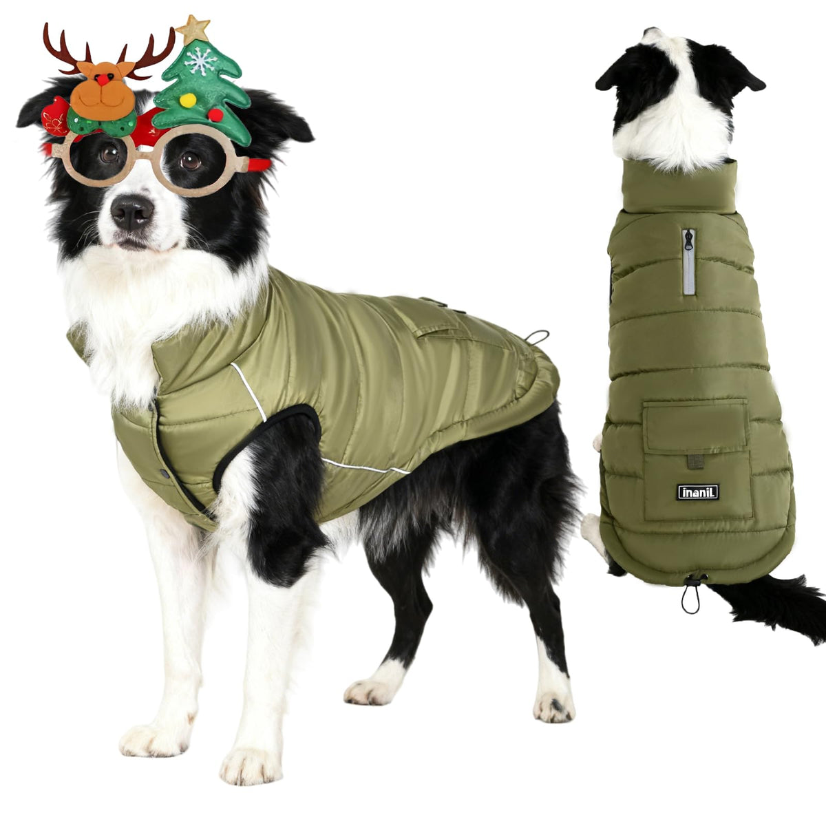 Inanil dog winter puffer olive front view showing snug insulation for chilly walks