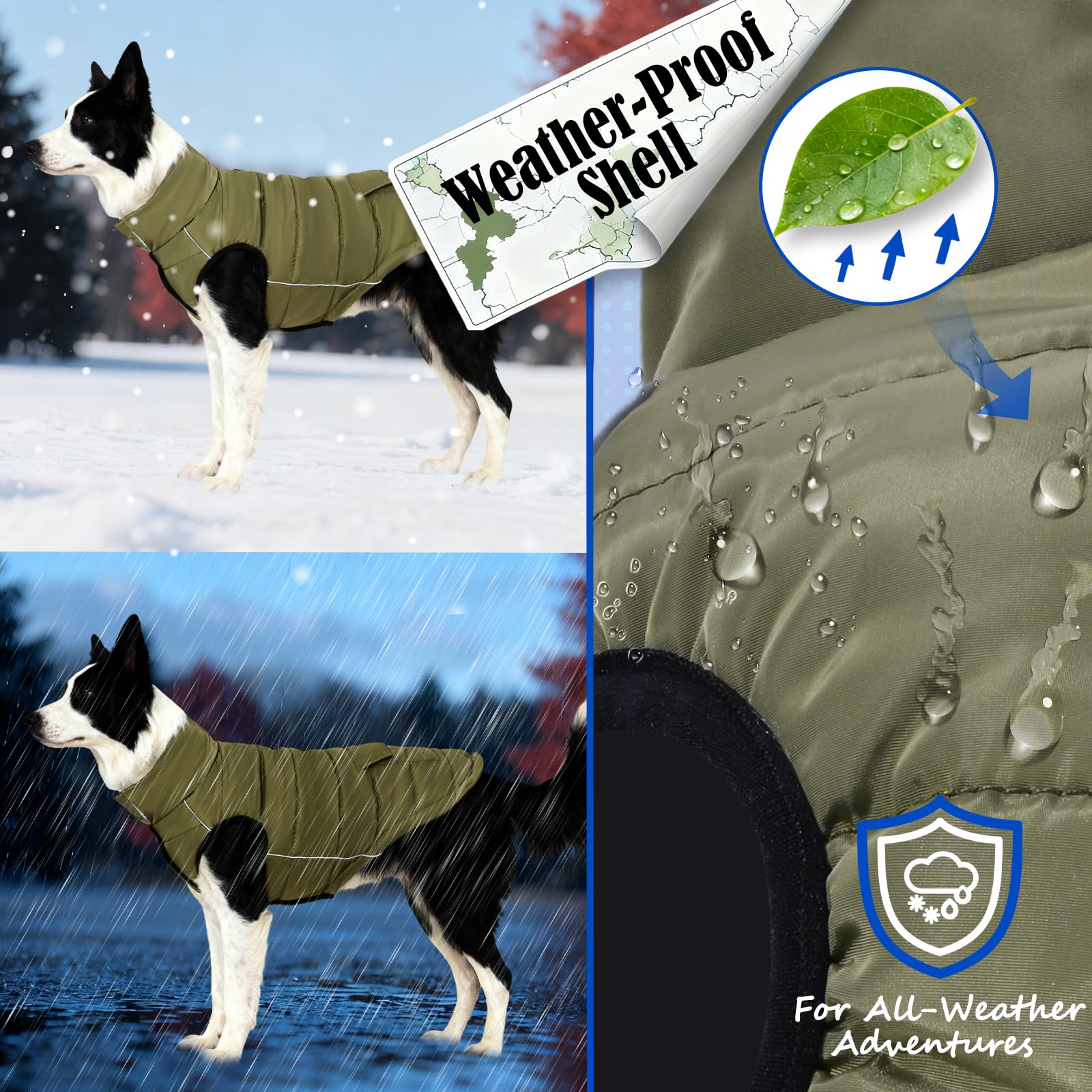 Inanil dog winter puffer olive on-leash-port close-up for easy walks