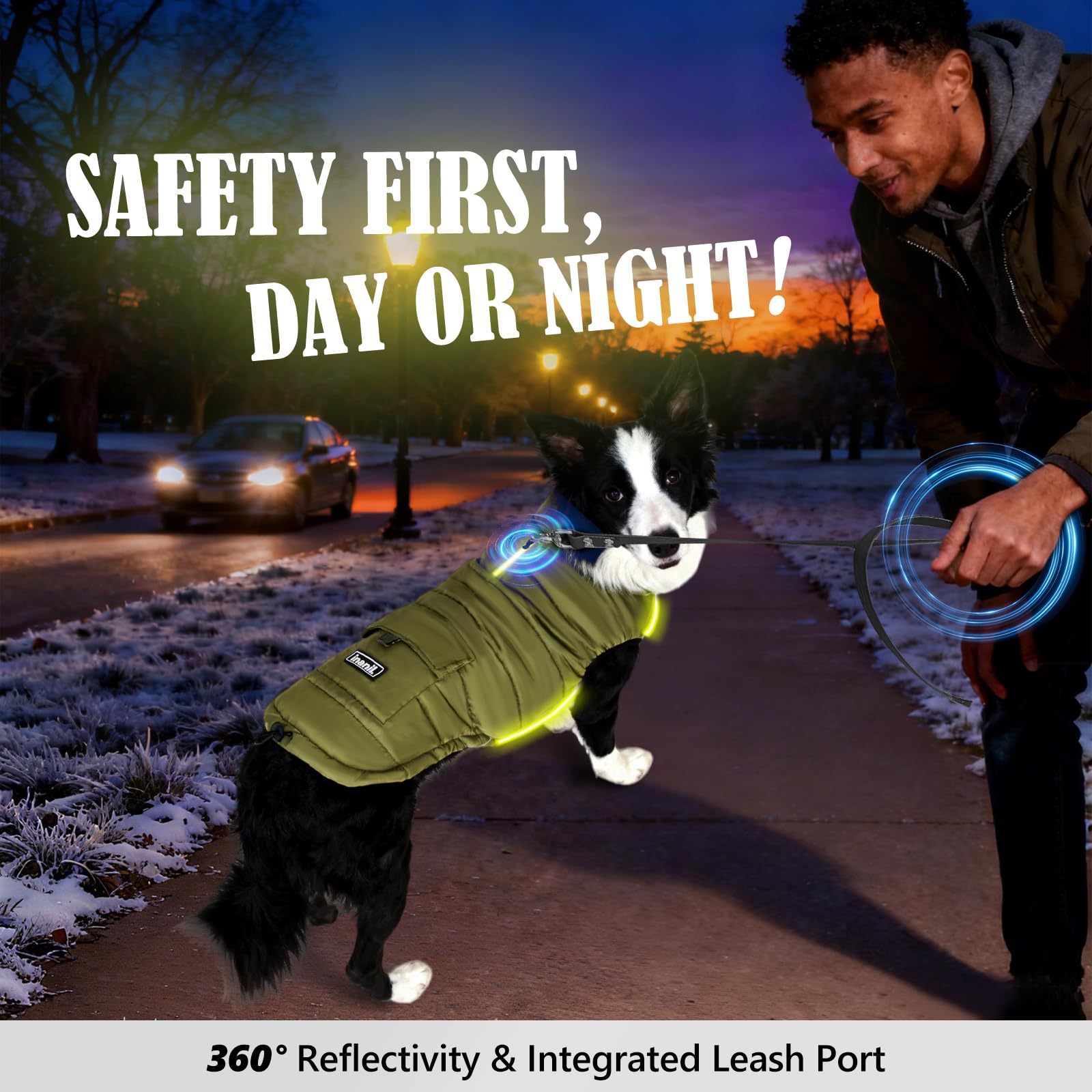 Inanil dog winter puffer olive reflective-strips boost low-light visibility
