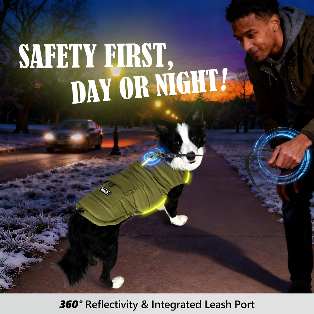 Inanil dog winter puffer olive reflective-strips boost low-light visibility
