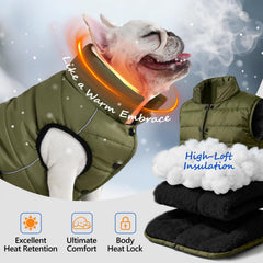 inanil dog winter puffer olive side view shows snug silhouette and mobility.