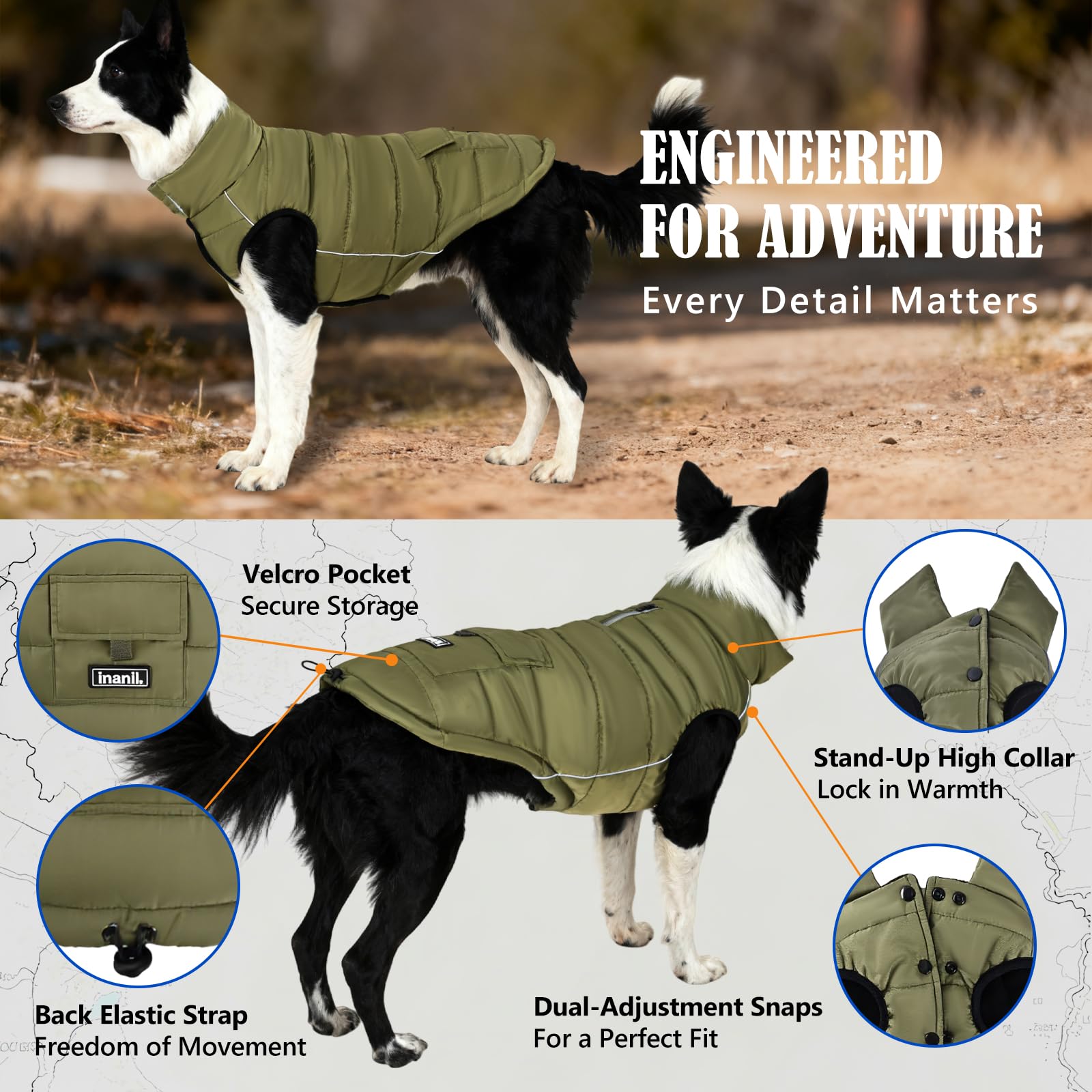 Inanil dog winter puffer olive water-repellent shell shields rain