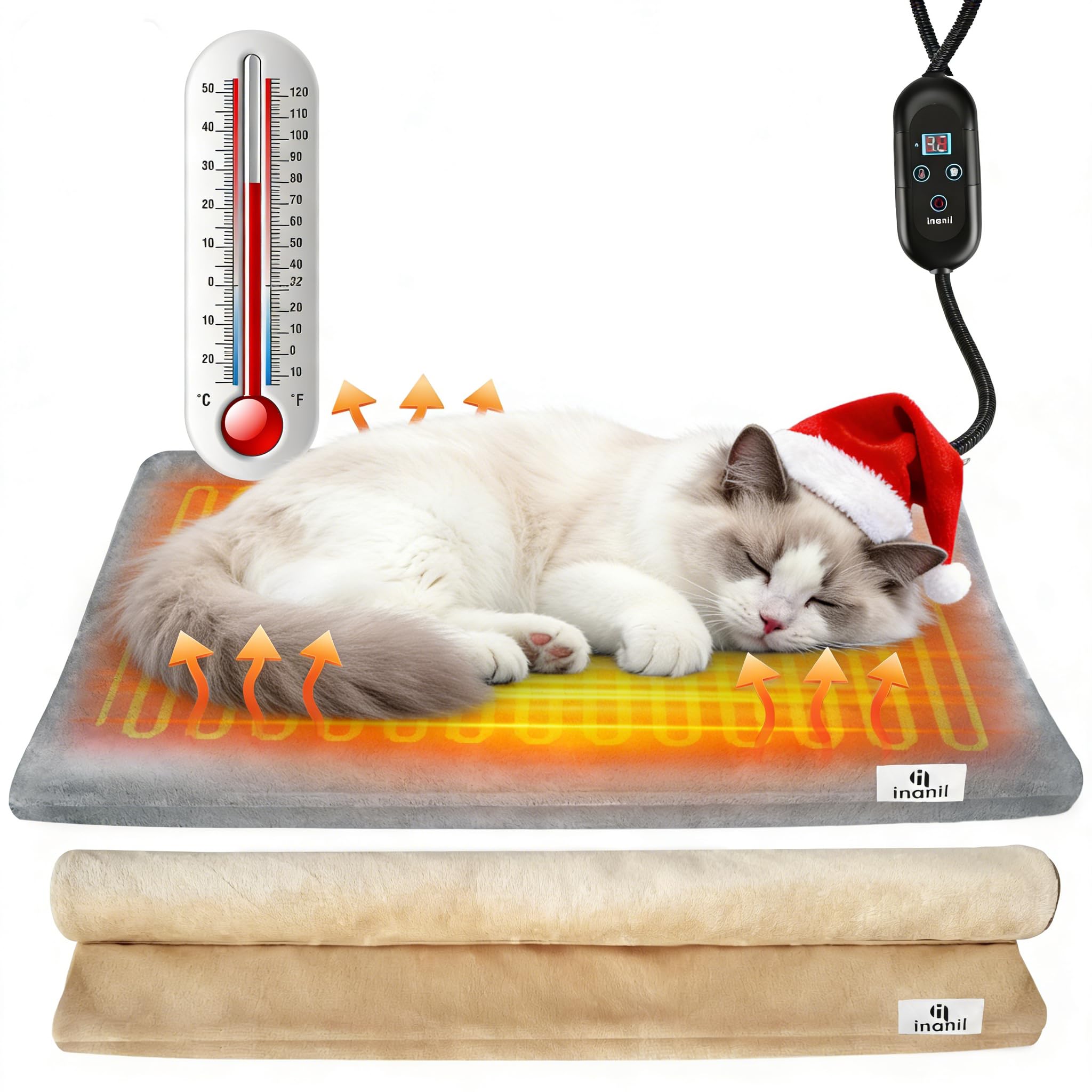 Inanil heated cat bed showing six temperature settings for customizable warmth.