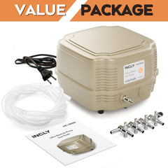 INCLY 7W Ultra Silent Air Pump side panel highlighting durable build for daily use.