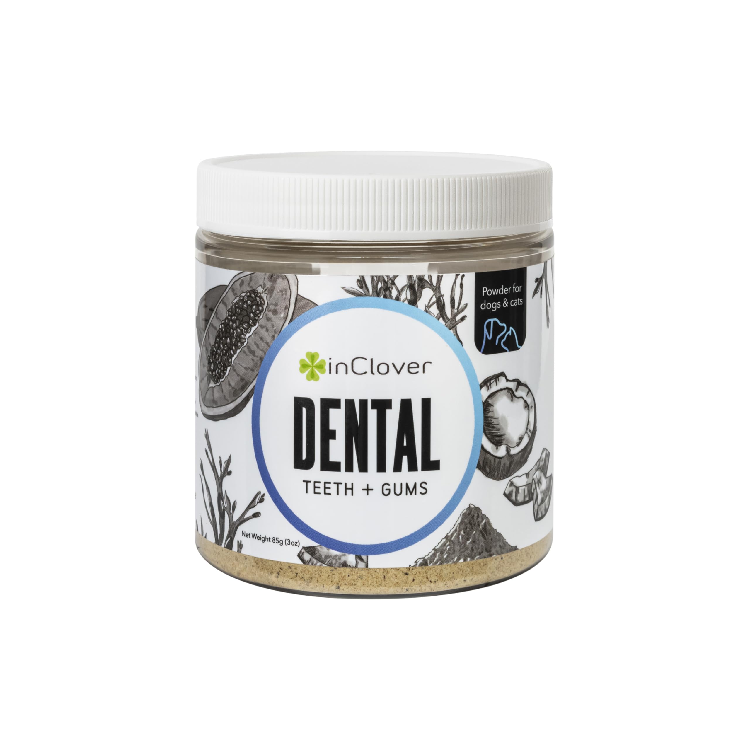 InClover dental powder jar with label, highlighting natural ingredients for daily pet care.