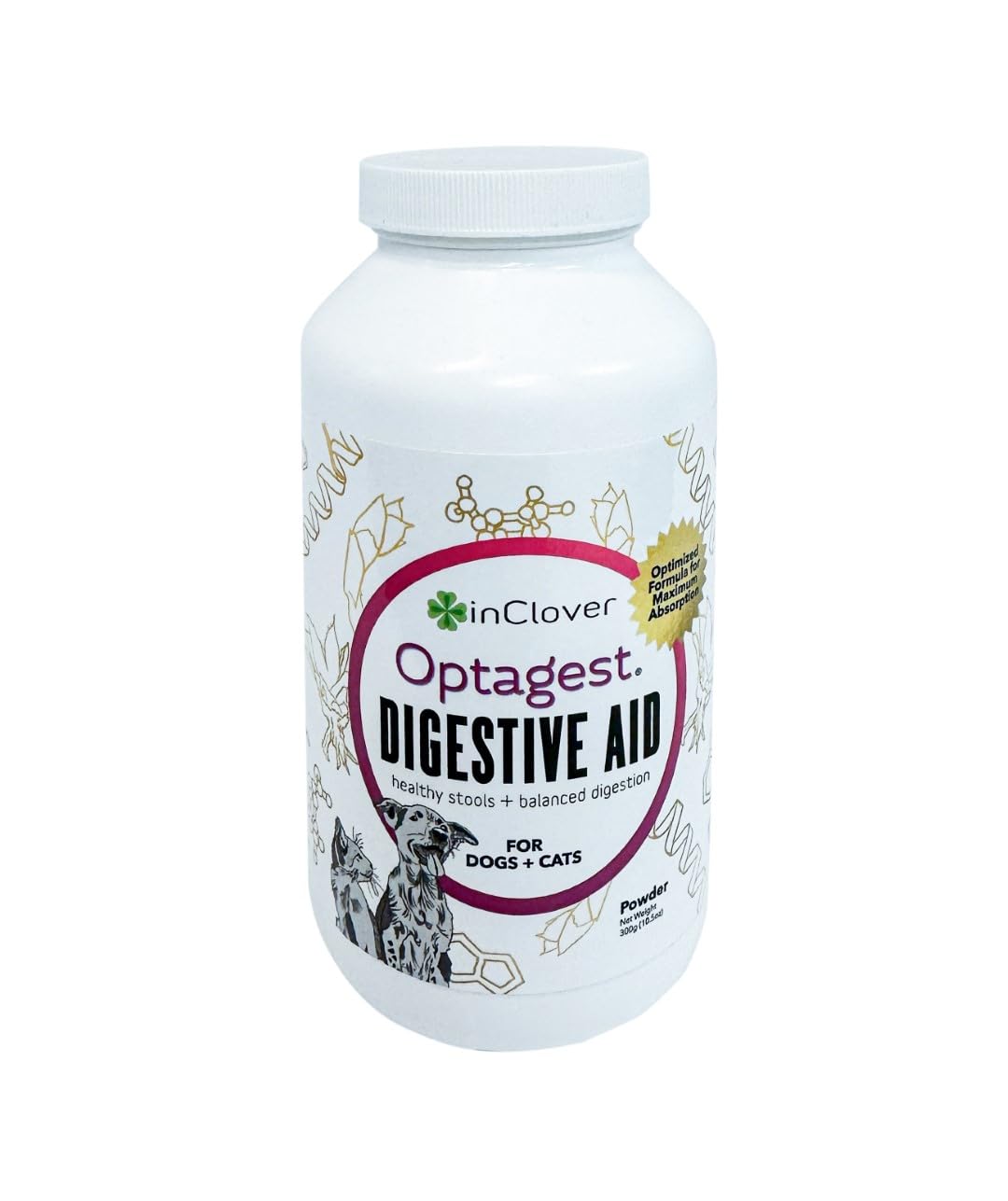 In Clover Optagest tub front shows a powder supplement for pets supporting gut health