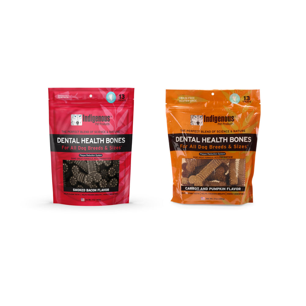 Indigenous smoked bacon bone chew visual, dental-friendly treat for dogs during chew time.