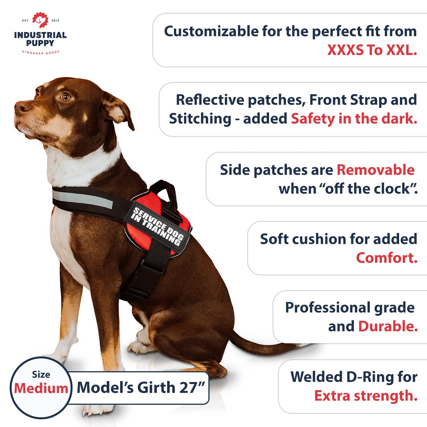 Industrial Puppy service dog vest swappable patches demonstrating patch customization