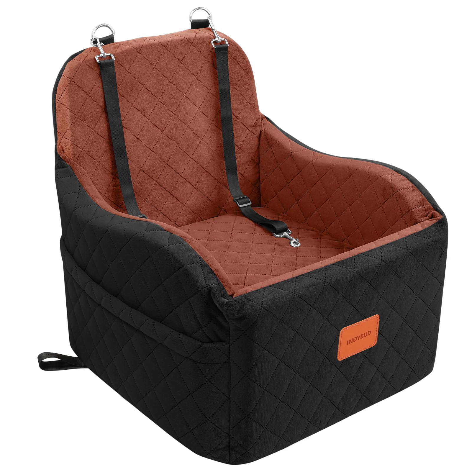 INDYBUD dog car seat front view shows compact fit for small to medium dogs.