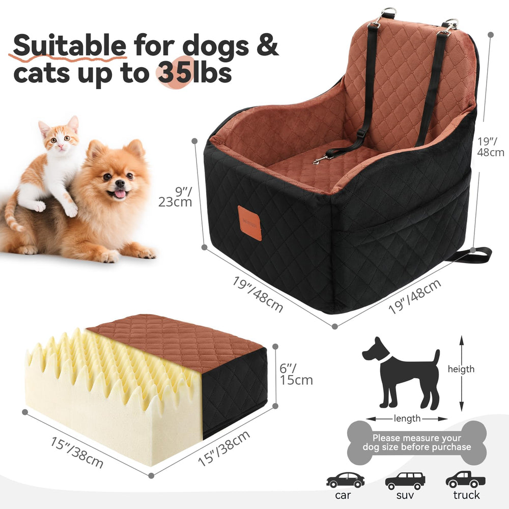 INDYBUD dog car seat side view highlights secure installation and safety straps.