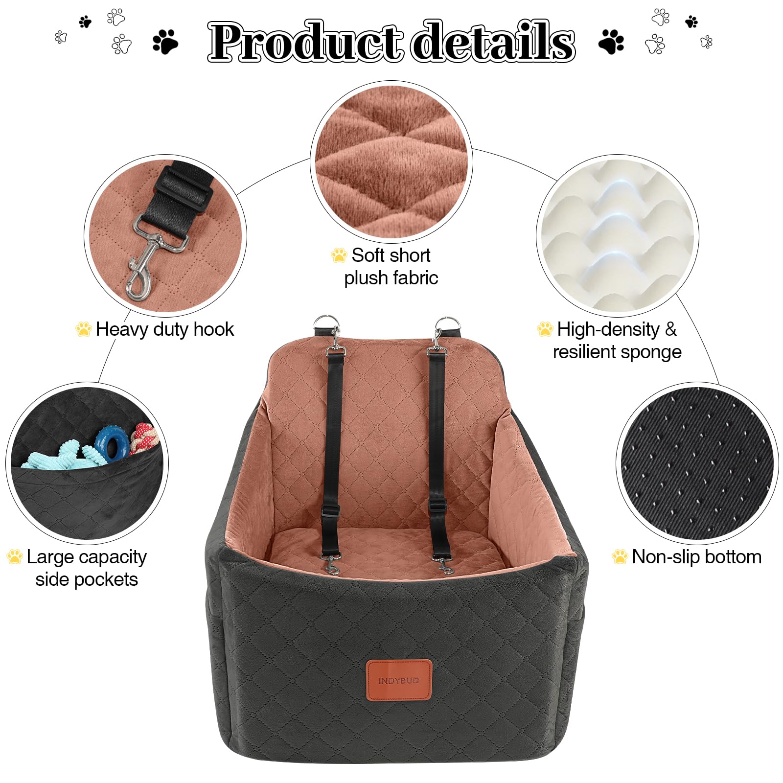 INDYBUD dog car seat storage pockets keep toys and treats organized.