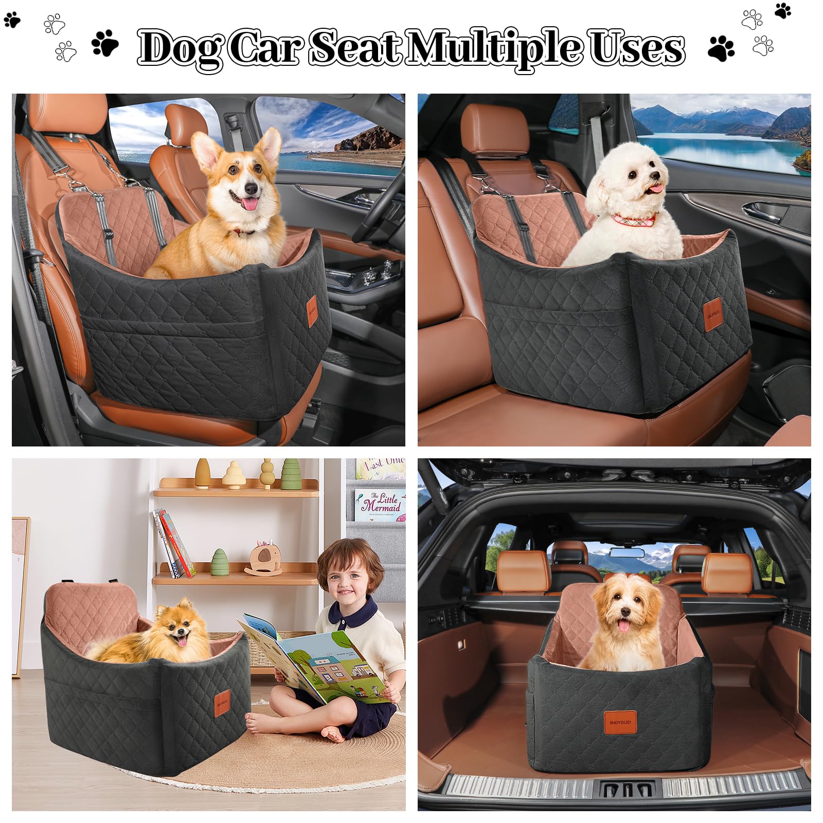 INDYBUD dog car seat two safety belts prevent escapes during rides.
