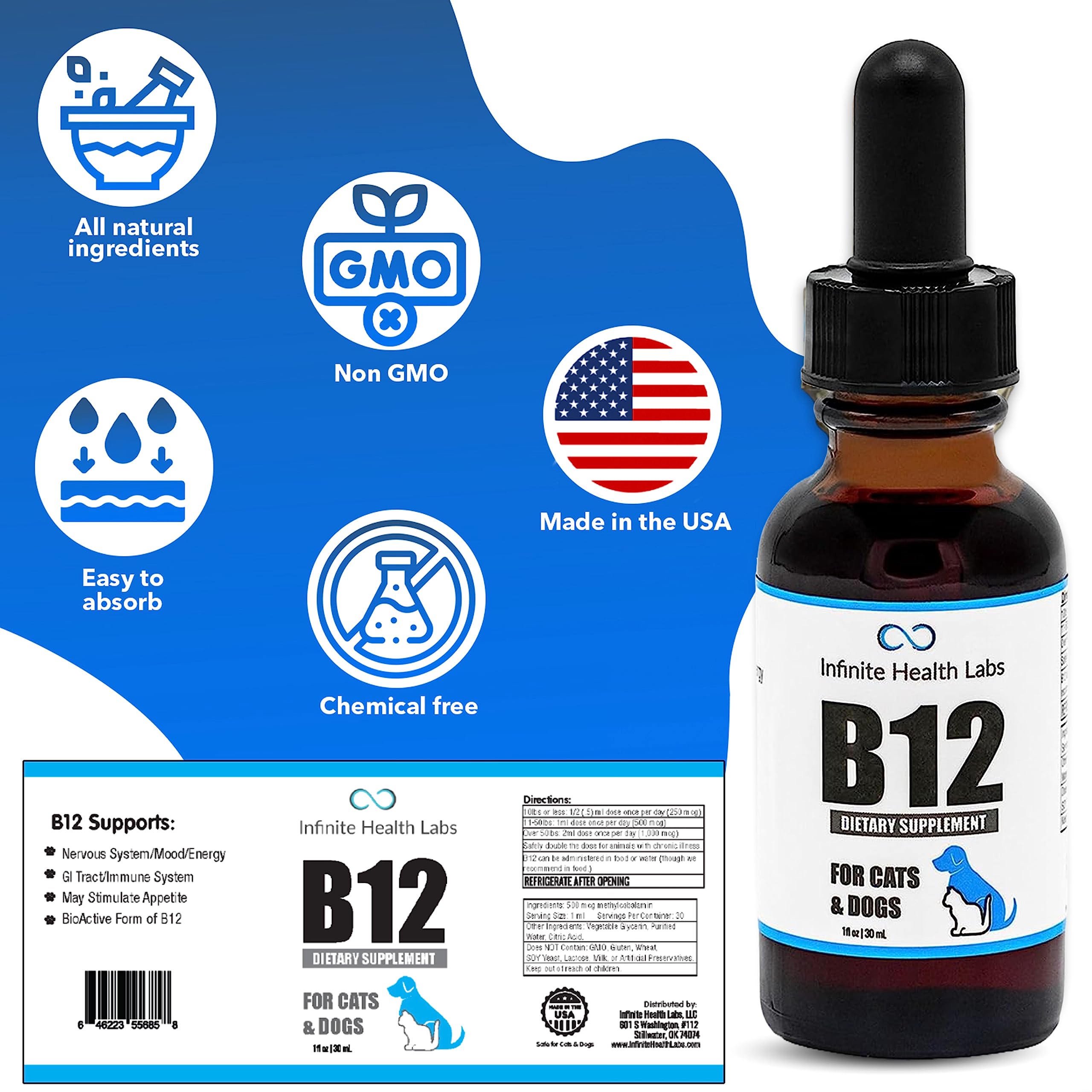 Infinite Health Labs Liquid B-12 label-closeup highlights vet formulation.