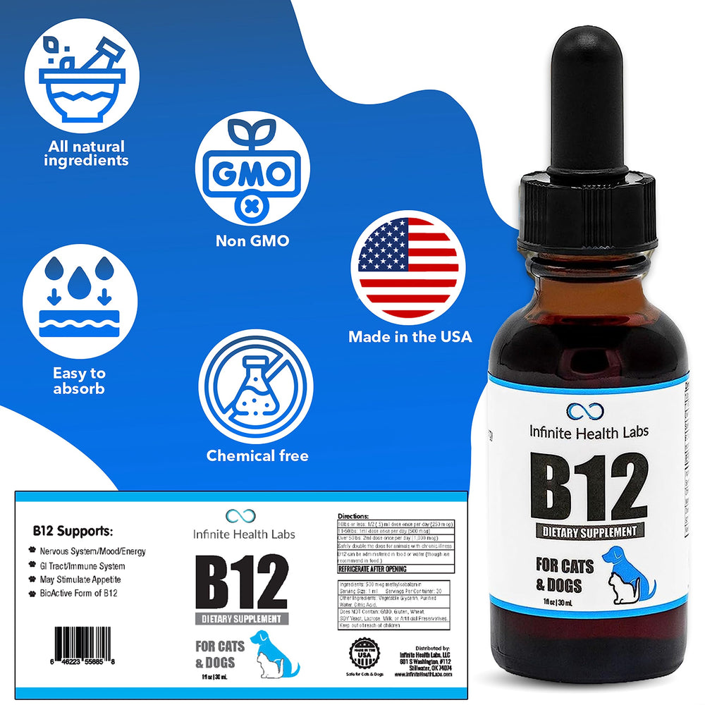 Infinite Health Labs Liquid B-12 label-closeup highlights vet formulation.