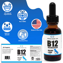 Infinite Health Labs Liquid B-12 label-closeup highlights vet formulation.