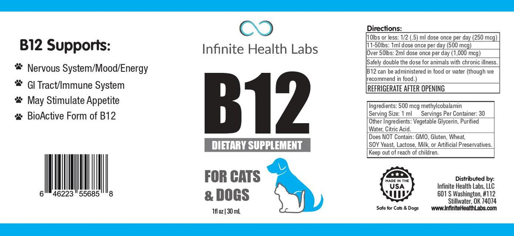 Infinite Health Labs Liquid B-12 packaging-box highlights product details.