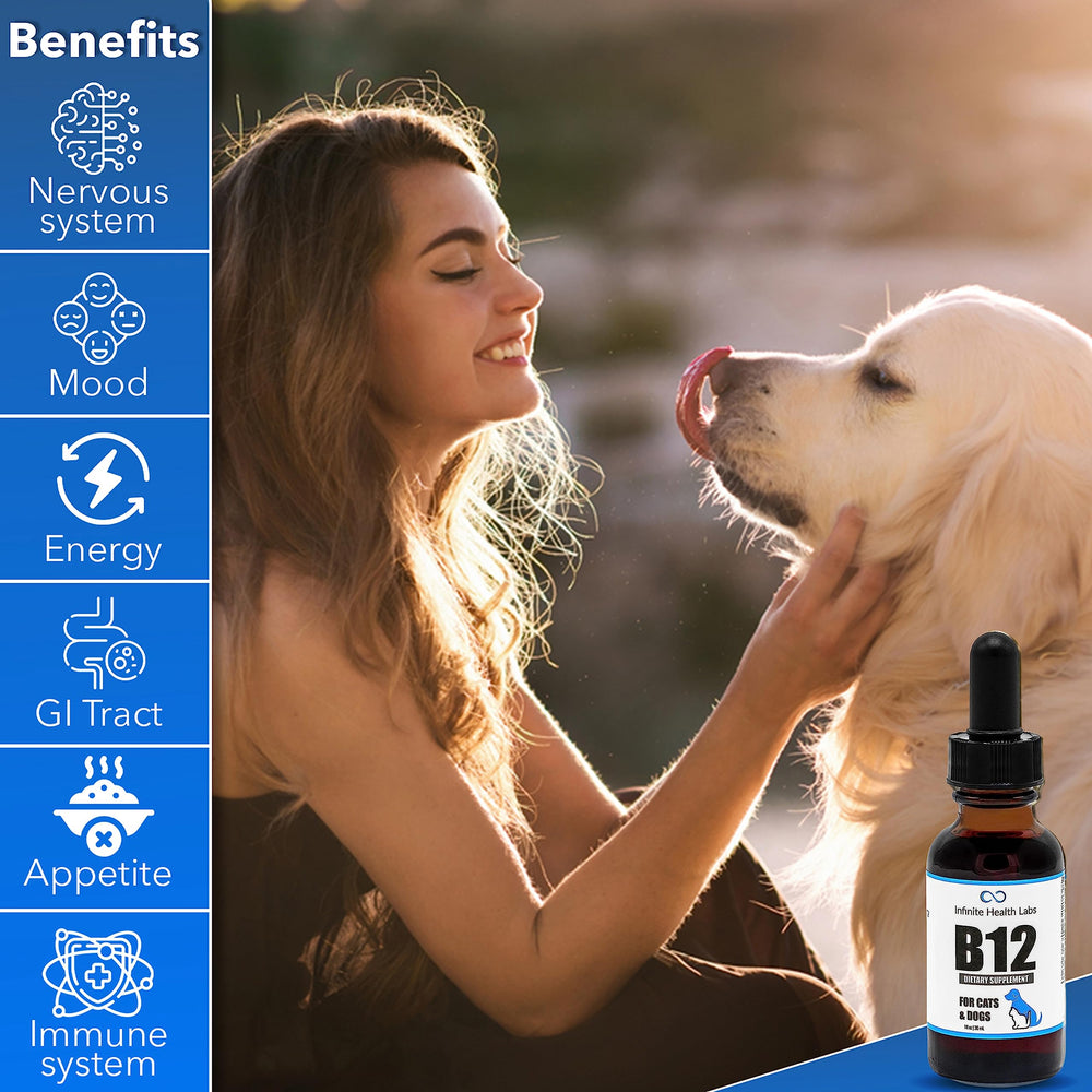 Infinite Health Labs Liquid B-12 vet-endorsement signals trusted pet vitamin.