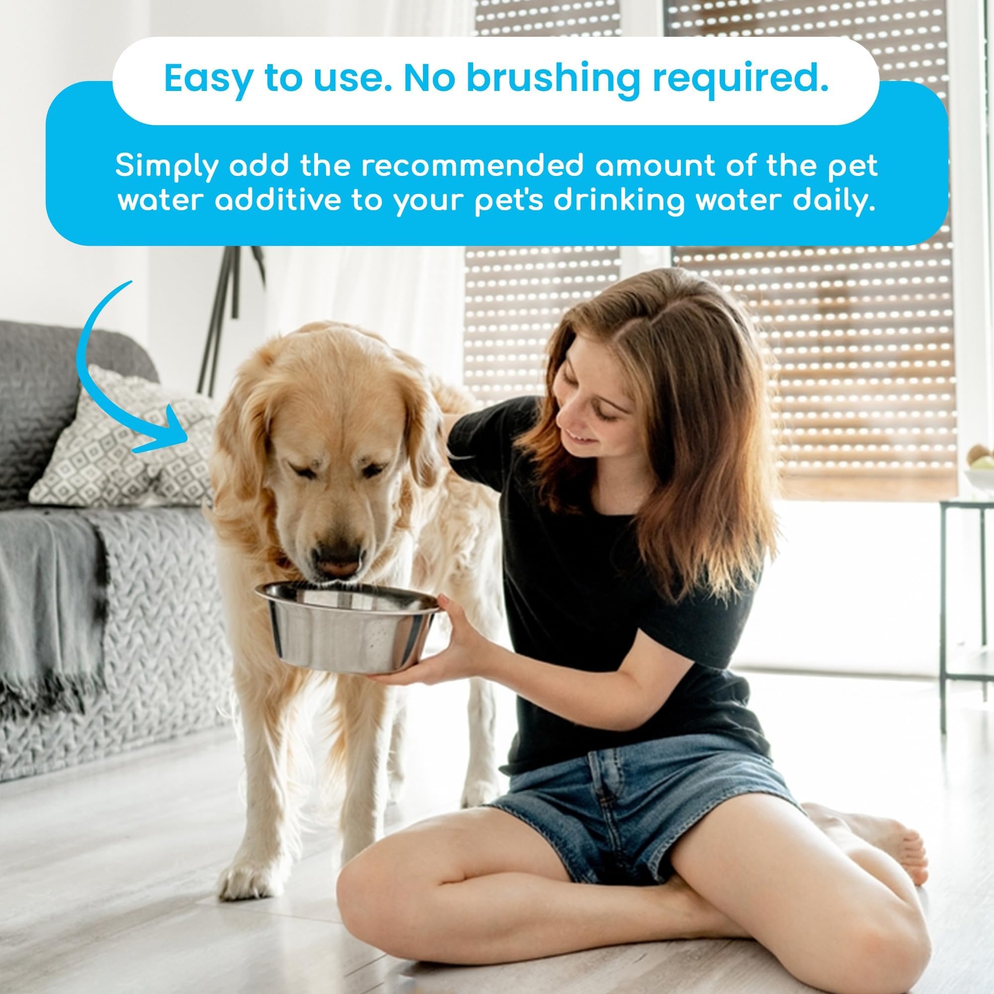 Capful dose shown for simple daily use in a water bowl with Oxydent.