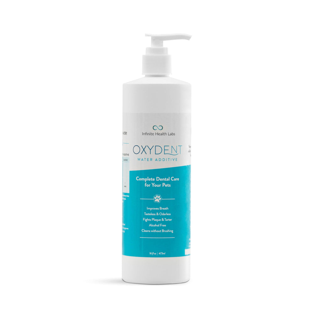 Infinite Health Labs Oxydent water additive cap pour for easy dosing and fresh breath.