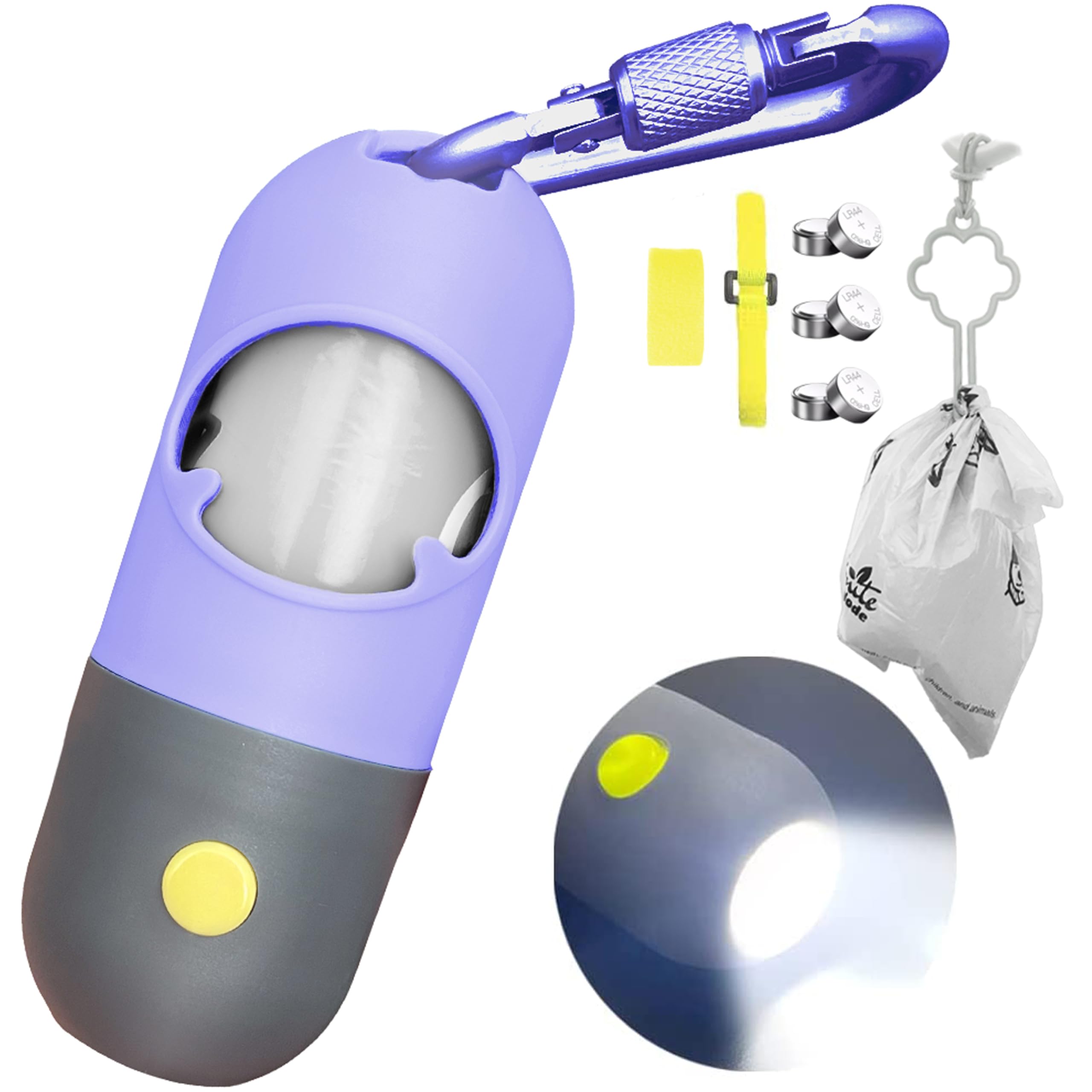 Infinite Node dog poop bag dispenser in purple with LED flashlight aids nighttime waste pickup.
