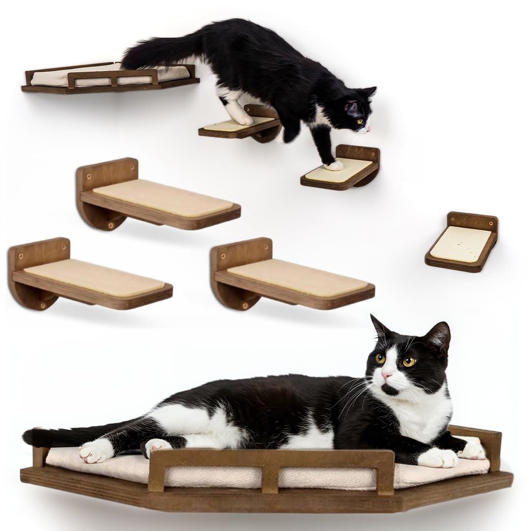INICIO cat wall shelves 3-step assembly shows quick, sturdy wall installation.