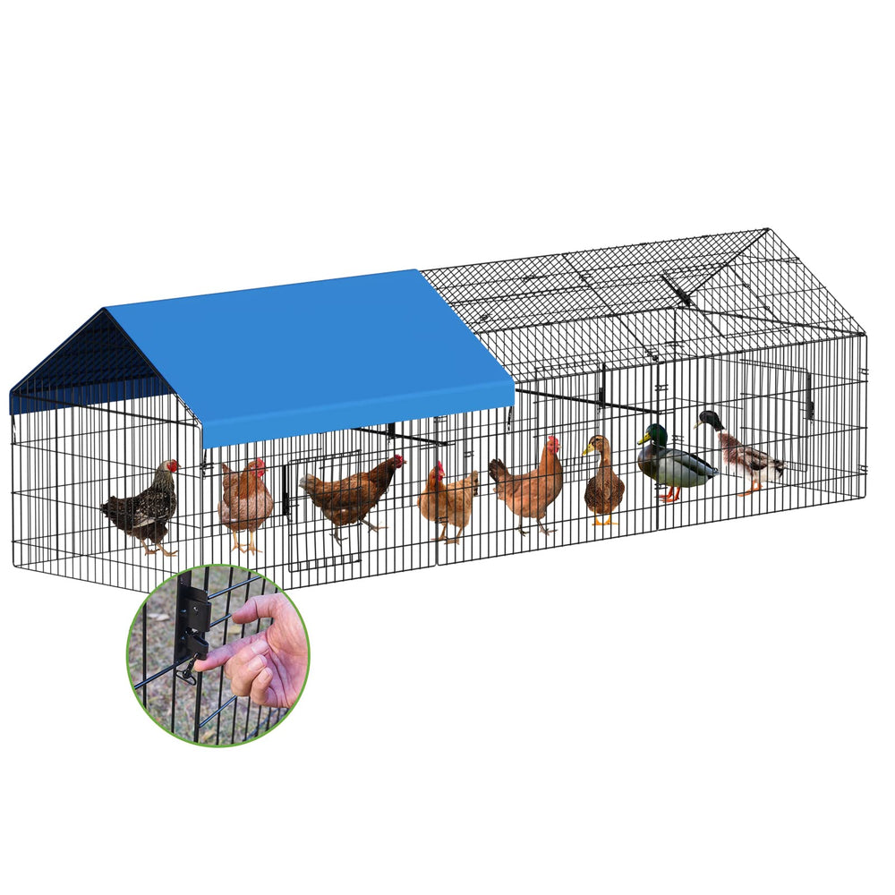 INJOPEXI metal chicken coop assembly view shows quick setup for backyard